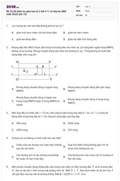 Bộ 22 Đề kiểm tra giữa học kì 2 Vật lí 11 có đáp án (Mới nhất 2023) (Đề 15)