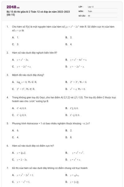 Bộ 15 đề thi giữa kì 2 Toán 12 có đáp án năm 2022-2023 (Đề 15)