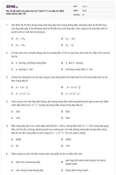 Bộ 22 Đề kiểm tra giữa học kì 2 Vật lí 11 có đáp án (Mới nhất 2023) (Đề 19)