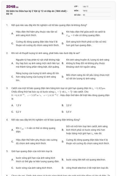 Đề kiểm tra Giữa học kỳ 2 Vật Lý 12 có đáp án ( Mới nhất) - Đề 14