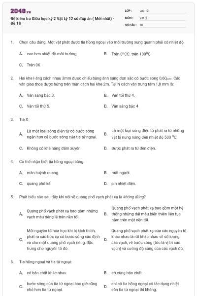 Đề kiểm tra Giữa học kỳ 2 Vật Lý 12 có đáp án ( Mới nhất) - Đề 18