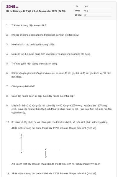 Đề thi Giữa học kì 2 Vật lí 9 có đáp án năm 2022 (Đề 13)