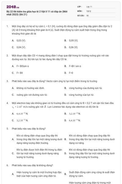 Bộ 22 Đề kiểm tra giữa học kì 2 Vật lí 11 có đáp án (Mới nhất 2023) (Đề 21)