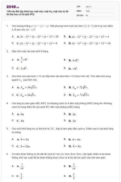 148 câu Bài tập Hình học mặt nón, mặt trụ, mặt cầu từ đề thi Đại học có lời giải (P3)