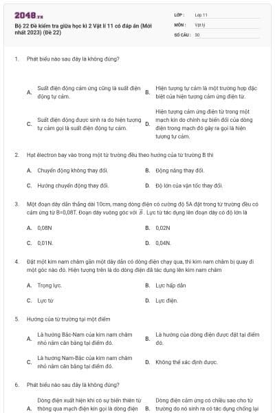 Bộ 22 Đề kiểm tra giữa học kì 2 Vật lí 11 có đáp án (Mới nhất 2023) (Đề 22)