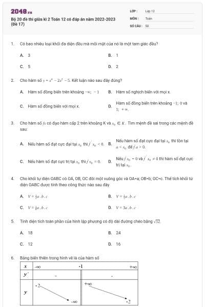 Bộ 20 đề thi giữa kì 2 Toán 12 có đáp án năm 2022-2023 (Đề 17)