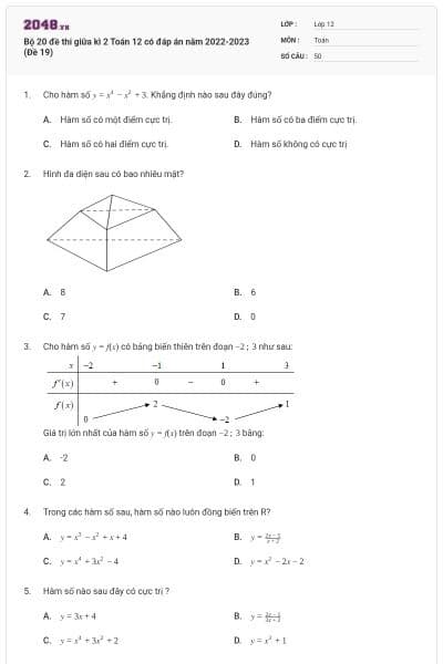 Bộ 20 đề thi giữa kì 2 Toán 12 có đáp án năm 2022-2023 (Đề 19)