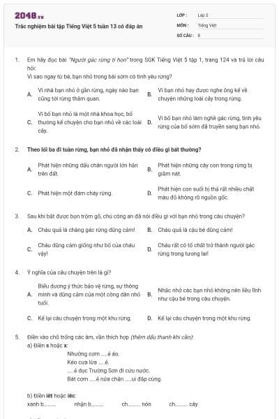 Trắc nghiệm bài tập Tiếng Việt 5 tuần 13 có đáp án