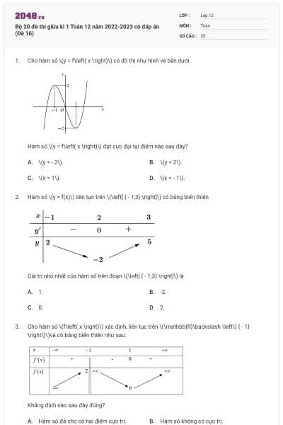 Bộ 20 đề thi giữa kì 1 Toán 12 năm 2022-2023 có đáp án (Đề 16)