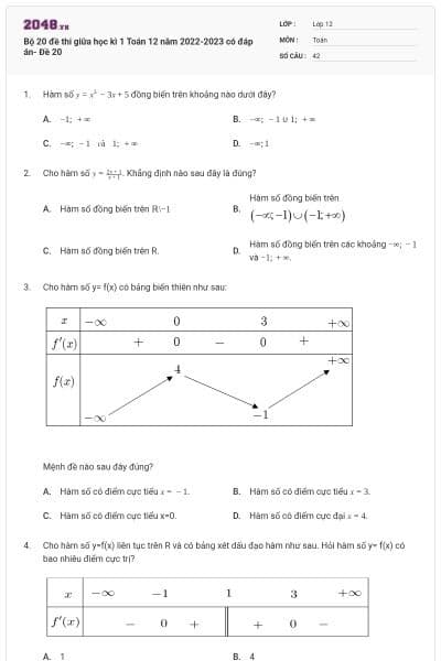 Bộ 20 đề thi giữa học kì 1 Toán 12 năm 2022-2023 có đáp án- Đề 20