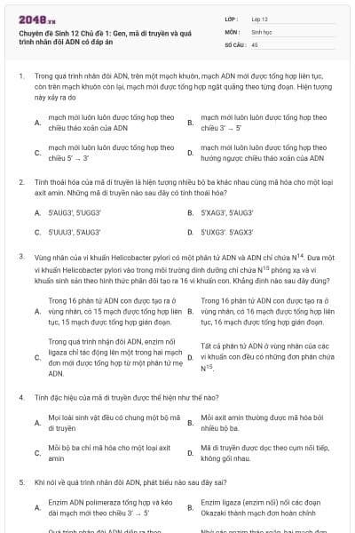Chuyên đề Sinh 12 Chủ đề 1: Gen, mã di truyền và quá trình nhân đôi ADN có đáp án
