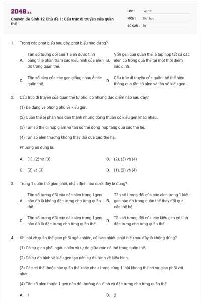 Chuyên đề Sinh 12 Chủ đề 1: Cấu trúc di truyền của quần thể