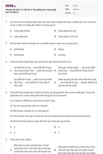 Chuyên đề Sinh 12 Chủ đề 3: Tạo giống nhờ công nghệ gen có đáp án