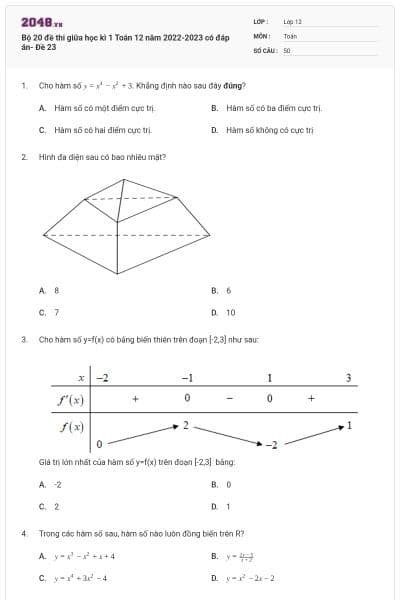 Bộ 20 đề thi giữa học kì 1 Toán 12 năm 2022-2023 có đáp án- Đề 23