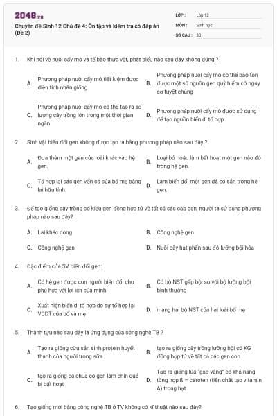 Chuyên đề Sinh 12 Chủ đề 4: Ôn tập và kiểm tra có đáp án (Đề 2)