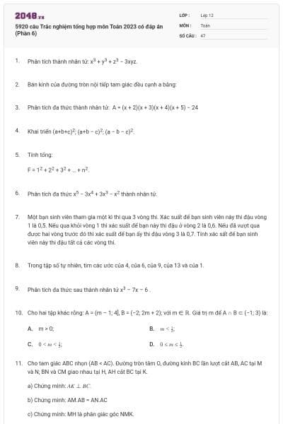 5920 câu Trắc nghiệm tổng hợp môn Toán 2023 có đáp án (Phần 6)