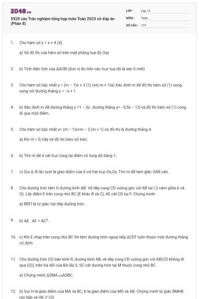 5920 câu Trắc nghiệm tổng hợp môn Toán 2023 có đáp án (Phần 8)