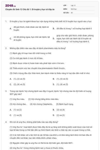 Chuyên đề Sinh 12 Chủ đề 1: Di truyền y học có đáp án