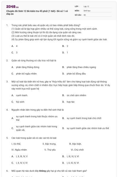 Chuyên đề Sinh 12 Đề kiểm tra 45 phút (1 tiết)- Đề số 1 có đáp án