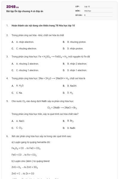 Bài tập Ôn tập chương 4 có đáp án