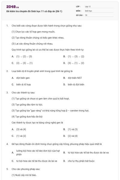 Đề kiểm tra chuyên đề Sinh học 11 có đáp án (Đề 1)