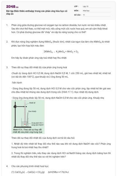 Bài tập Biến thiên enthalpy trong các phản ứng hóa học có đáp án