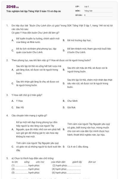 Trắc nghiệm bài tập Tiếng Việt 5 tuần 15 có đáp án