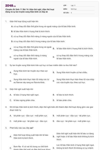 Chuyên đề Sinh 11 Bài 16: Điện thế nghỉ, điện thế hoạt động và sự lan truyền xung thần kinh có đáp án