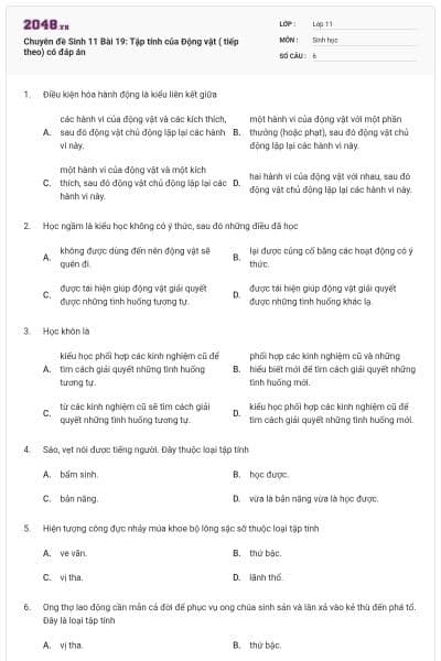 Chuyên đề Sinh 11 Bài 19: Tập tính của Động vật ( tiếp theo) có đáp án