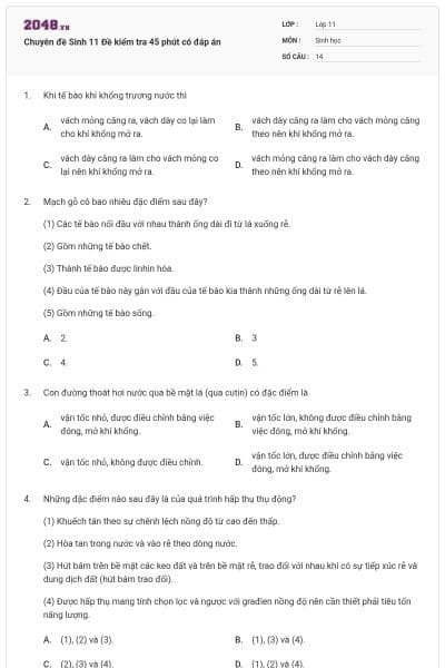 Chuyên đề Sinh 11 Đề kiểm tra 45 phút có đáp án