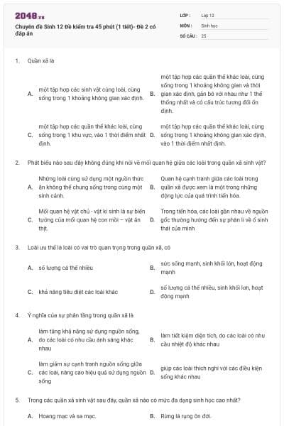 Chuyên đề Sinh 12 Đề kiểm tra 45 phút (1 tiết)- Đề 2 có đáp án