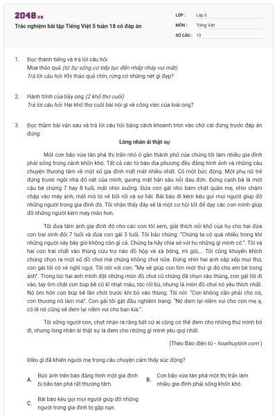 Trắc nghiệm bài tập Tiếng Việt 5 tuần 18 có đáp án