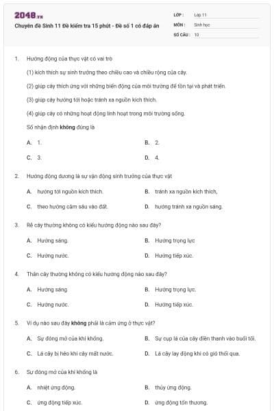 Chuyên đề Sinh 11 Đề kiểm tra 15 phút - Đề số 1 có đáp án