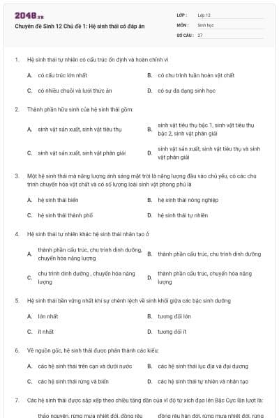 Chuyên đề Sinh 12 Chủ đề 1: Hệ sinh thái có đáp án