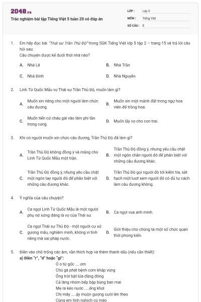 Trắc nghiệm bài tập Tiếng Việt 5 tuần 20 có đáp án