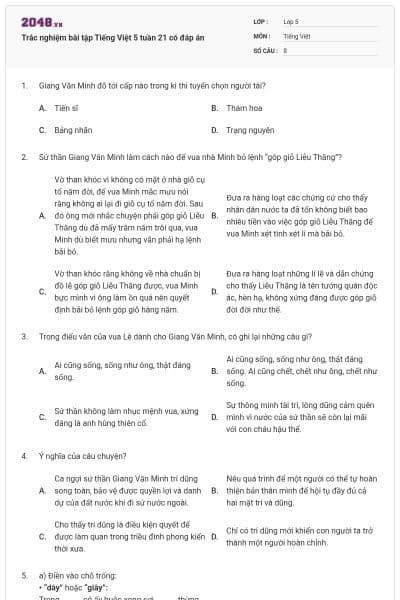 Trắc nghiệm bài tập Tiếng Việt 5 tuần 21 có đáp án