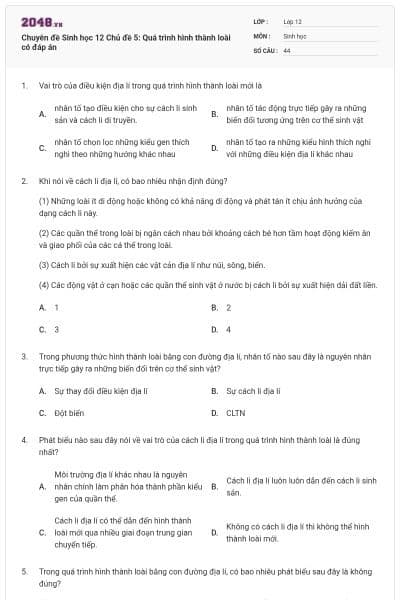 Chuyên đề Sinh học 12 Chủ đề 5: Quá trình hình thành loài có đáp án