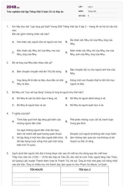 Trắc nghiệm bài tập Tiếng Việt 5 tuần 22 có đáp án