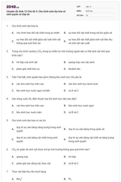 Chuyên đề Sinh 12 Chủ đề 3: Chu trình sinh địa hóa và sinh quyển có đáp án