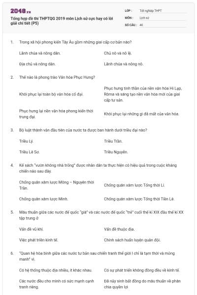 Tổng hợp đề thi THPTQG 2019 môn Lịch sử cực hay có lời giải chi tiết (P5)
