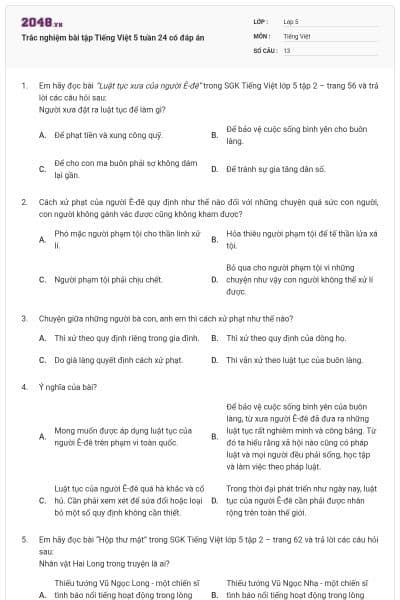 Trắc nghiệm bài tập Tiếng Việt 5 tuần 24 có đáp án