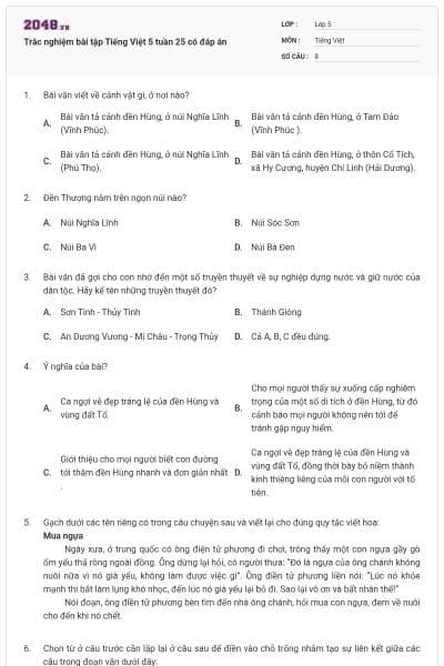 Trắc nghiệm bài tập Tiếng Việt 5 tuần 25 có đáp án