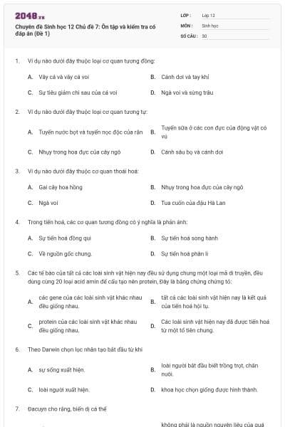 Chuyên đề Sinh học 12 Chủ đề 7: Ôn tập và kiểm tra có đáp án (Đề 1)