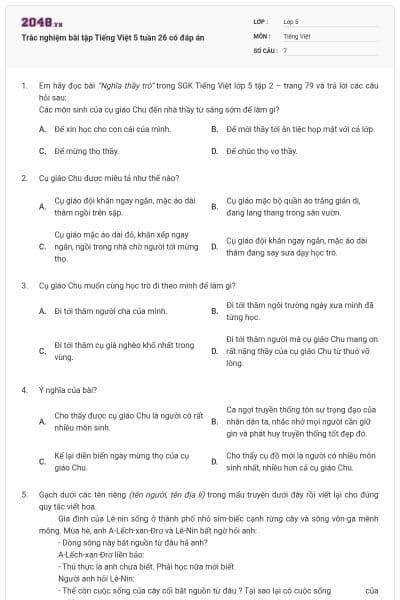 Trắc nghiệm bài tập Tiếng Việt 5 tuần 26 có đáp án