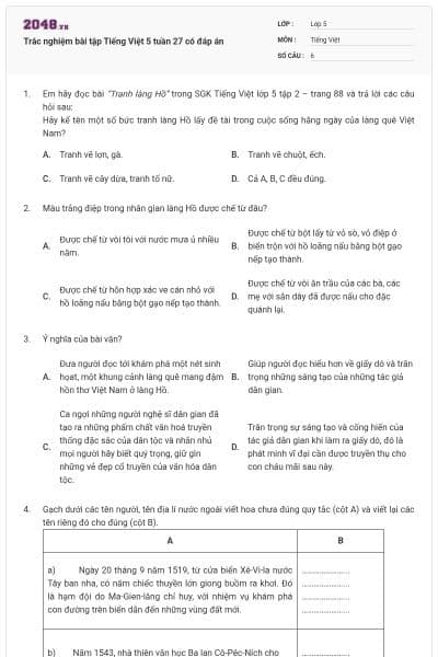 Trắc nghiệm bài tập Tiếng Việt 5 tuần 27 có đáp án