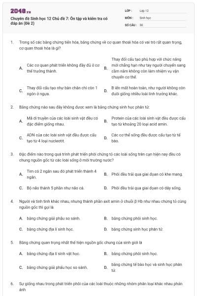 Chuyên đề Sinh học 12 Chủ đề 7: Ôn tập và kiểm tra có đáp án (Đề 2)