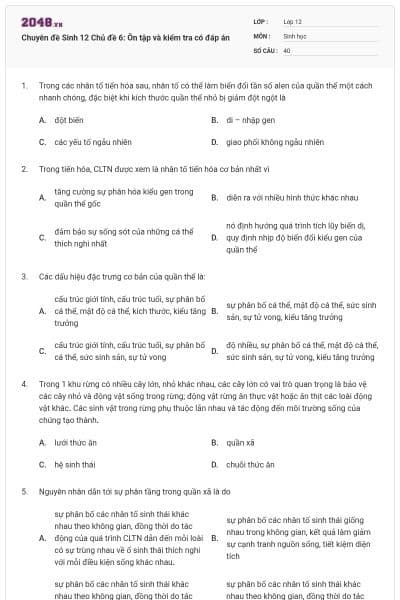 Chuyên đề Sinh 12 Chủ đề 6: Ôn tập và kiểm tra có đáp án