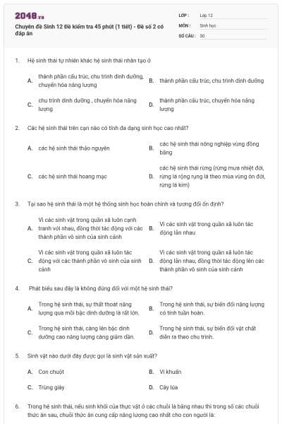 Chuyên đề Sinh 12 Đề kiểm tra 45 phút (1 tiết) - Đề số 2 có đáp án