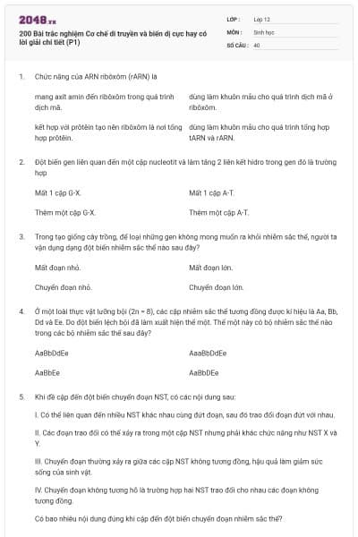 200 Bài trắc nghiệm Cơ chế di truyền và biến dị cực hay có lời giải chi tiết (P1)