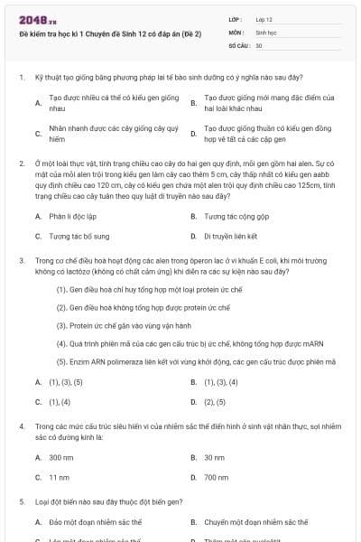 Đề kiểm tra học kì 1 Chuyên đề Sinh 12 có đáp án (Đề 2)